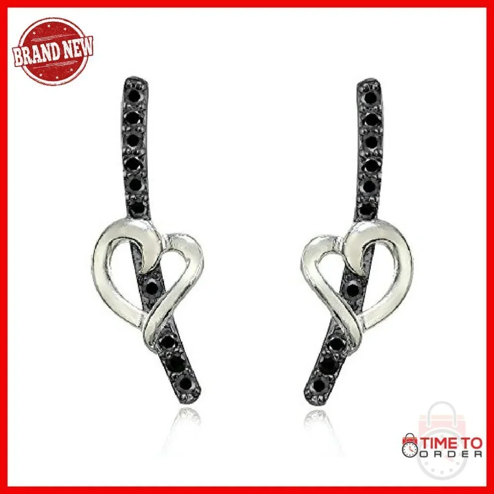 Sterling Silver Black CZ Open Heart Climber Earrings, French Hook